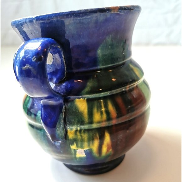 Vtg Art Pottery Pitcher Blue Green Yellow Drip Glaze Jug MCM Fat Lava Style - Picture 10 of 10